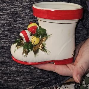 Festive Ceramic Fenton Boot Planter with Christmas Holiday Accents